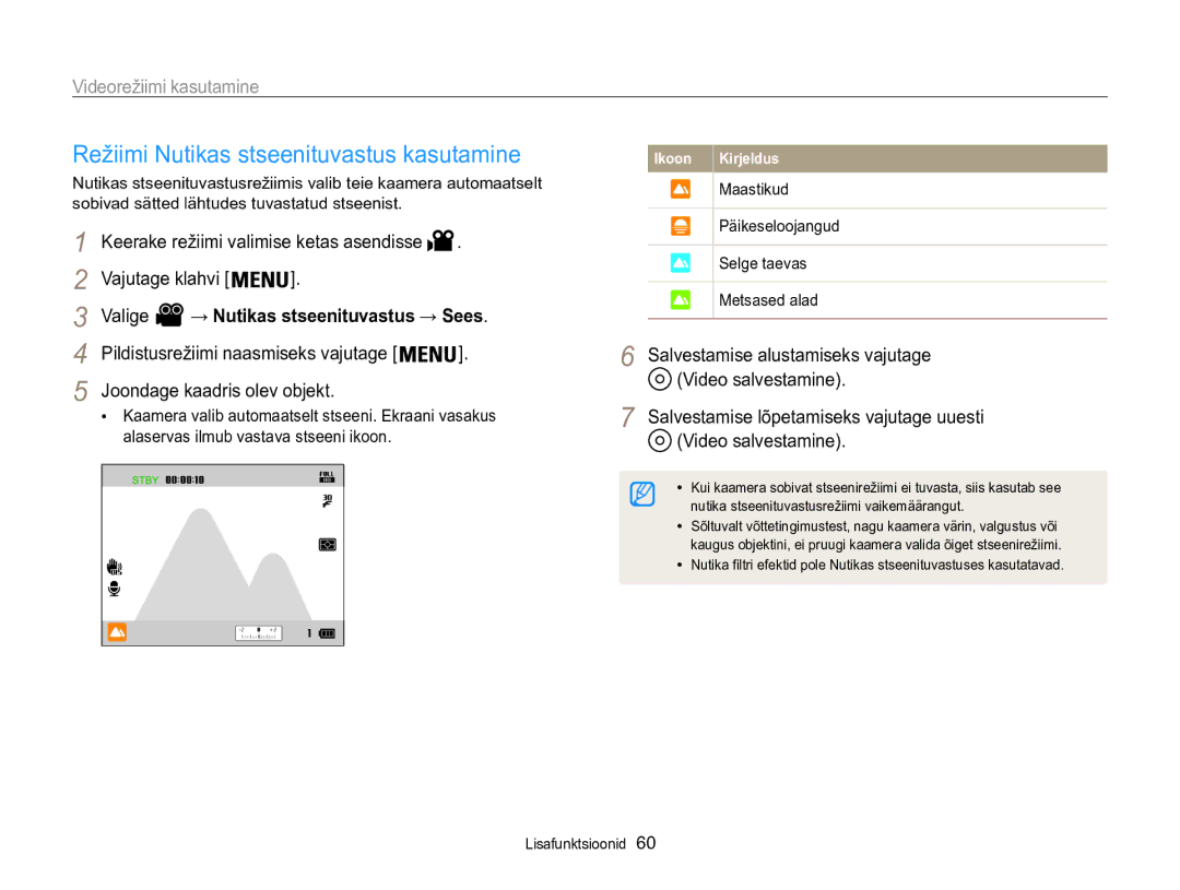 Samsung EC-WB850FBPBE2 manual Režiimi Nutikas stseenituvastus kasutamine, Valige → Nutikas stseenituvastus → Sees 