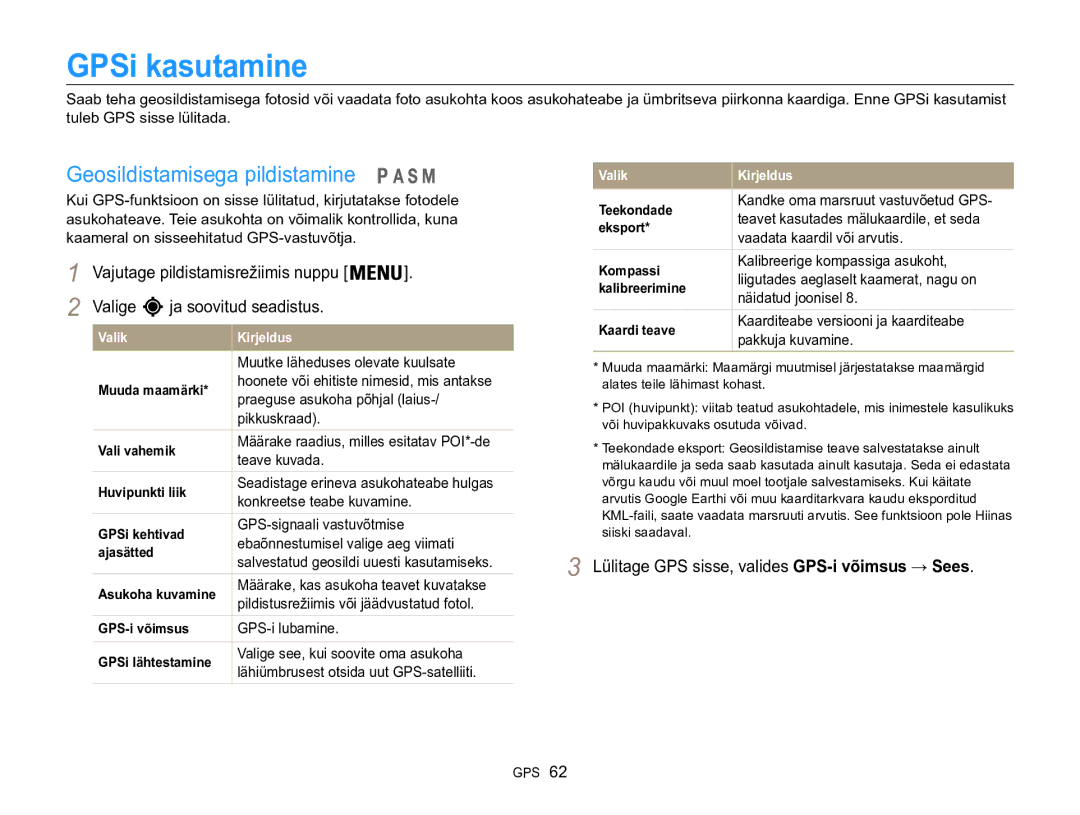 Samsung EC-WB850FBPBE2 GPSi kasutamine, Geosildistamisega pildistamine, Lülitage GPS sisse, valides GPS-i võimsus → Sees 