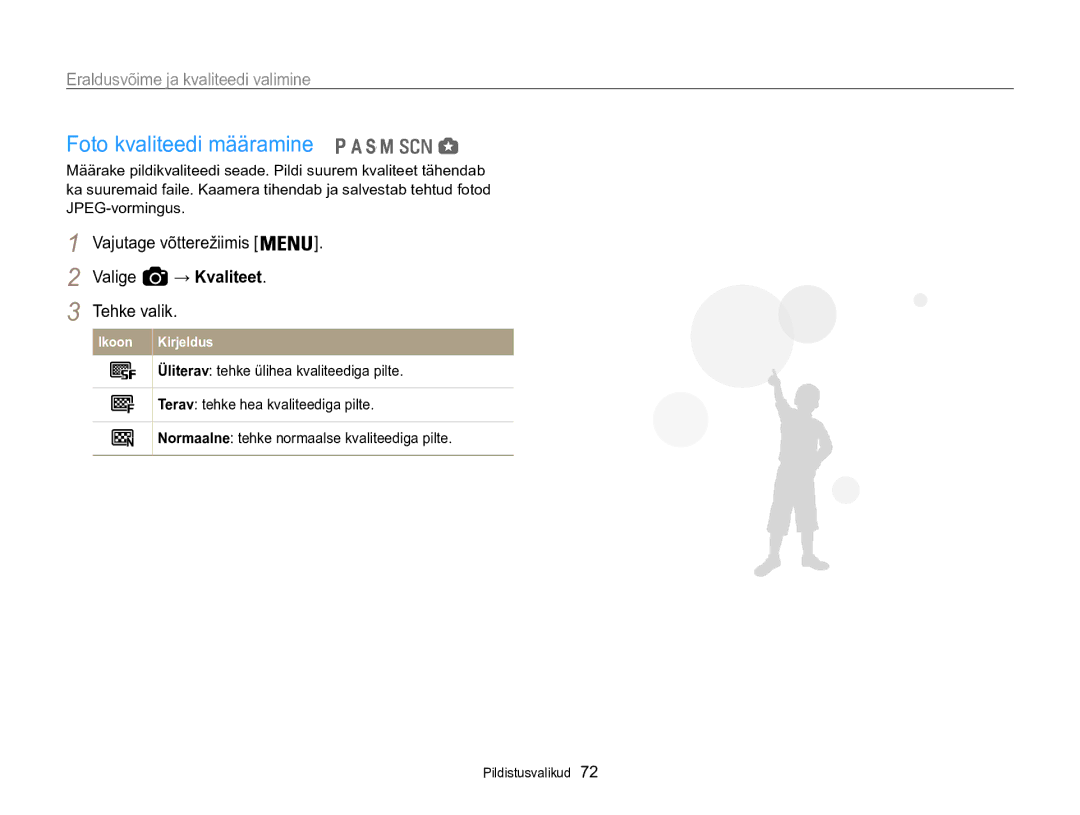 Samsung EC-WB850FBPBE2 manual Foto kvaliteedi määramine, Eraldusvõime ja kvaliteedi valimine 