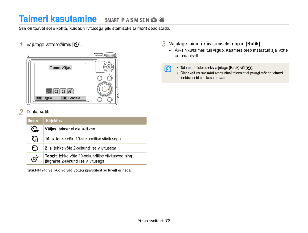 Samsung EC-WB850FBPBE2 manual Taimeri kasutamine, Vajutage taimeri käivitamiseks nuppu Katik 