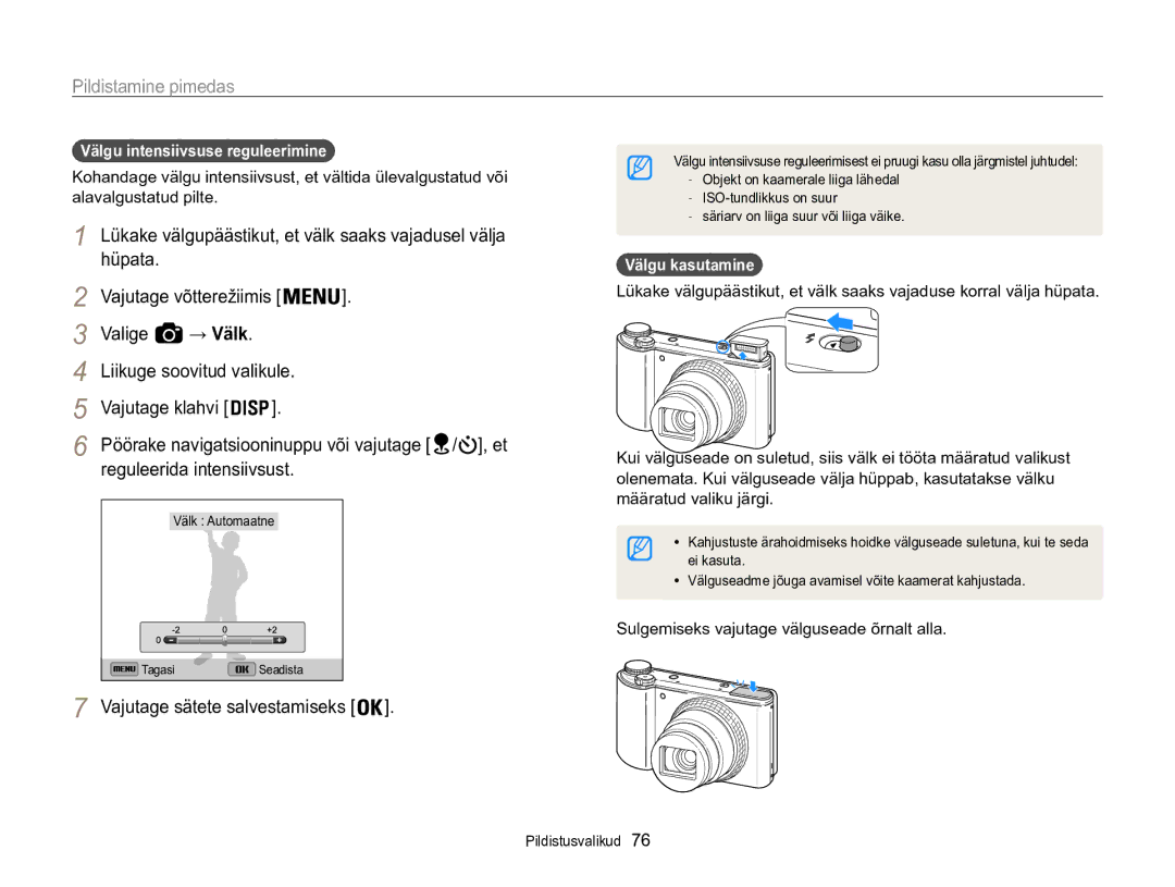 Samsung EC-WB850FBPBE2 → Välk, Liikuge soovitud valikule, Reguleerida intensiivsust, Välgu intensiivsuse reguleerimine 