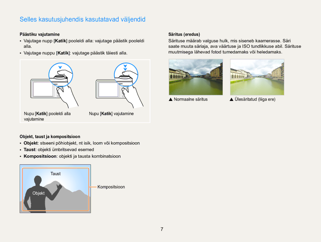 Samsung EC-WB850FBPBE2 manual Selles kasutusjuhendis kasutatavad väljendid, Päästiku vajutamine, Säritus eredus 