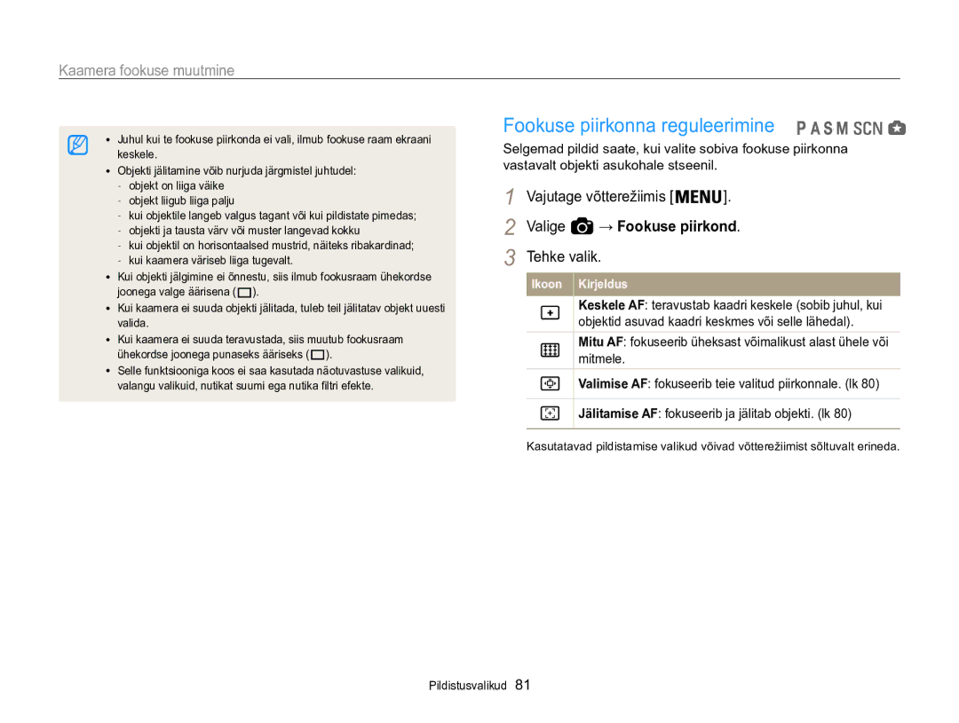 Samsung EC-WB850FBPBE2 manual Fookuse piirkonna reguleerimine, Valige → Fookuse piirkond 