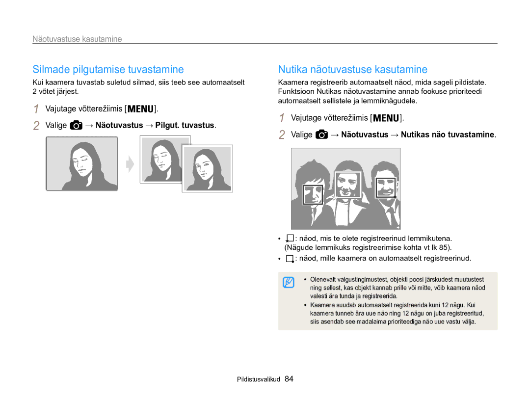 Samsung EC-WB850FBPBE2 manual Silmade pilgutamise tuvastamine, Nutika näotuvastuse kasutamine 