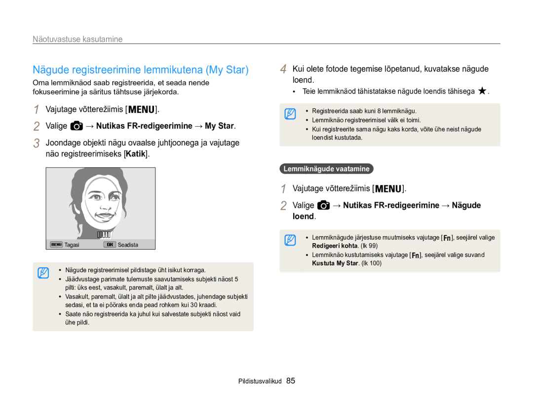 Samsung EC-WB850FBPBE2 manual Nägude registreerimine lemmikutena My Star, Valige → Nutikas FR-redigeerimine → My Star 