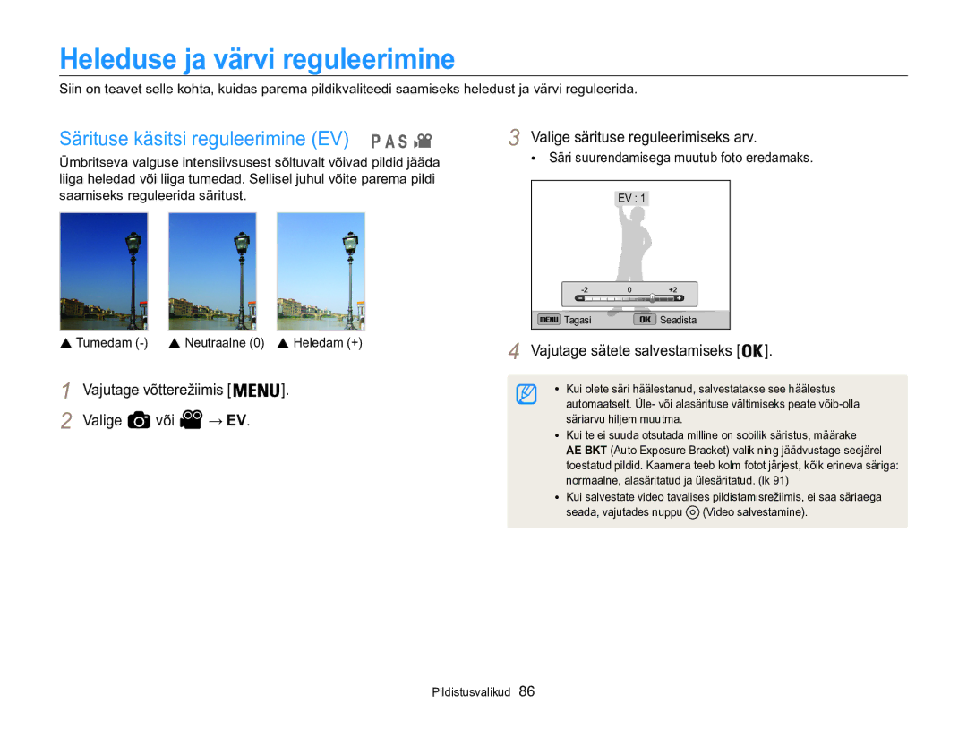 Samsung EC-WB850FBPBE2 manual Heleduse ja värvi reguleerimine, Särituse käsitsi reguleerimine EV 