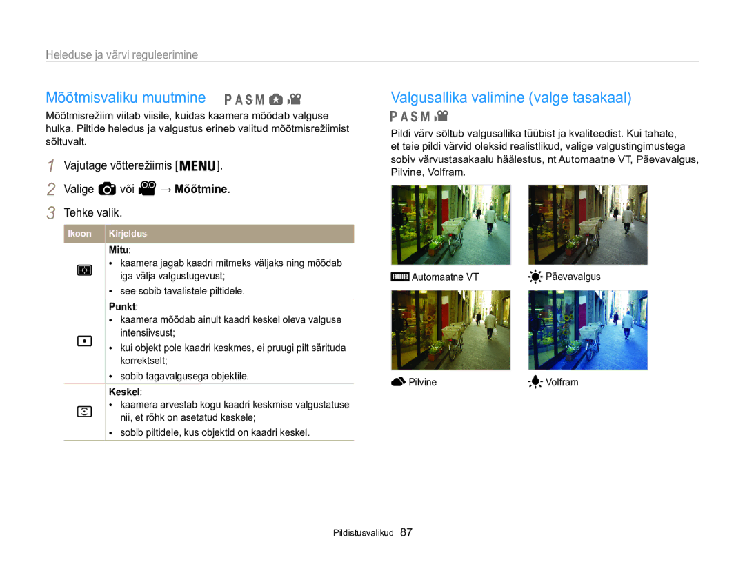 Samsung EC-WB850FBPBE2 manual Mõõtmisvaliku muutmine, Valgusallika valimine valge tasakaal, Heleduse ja värvi reguleerimine 