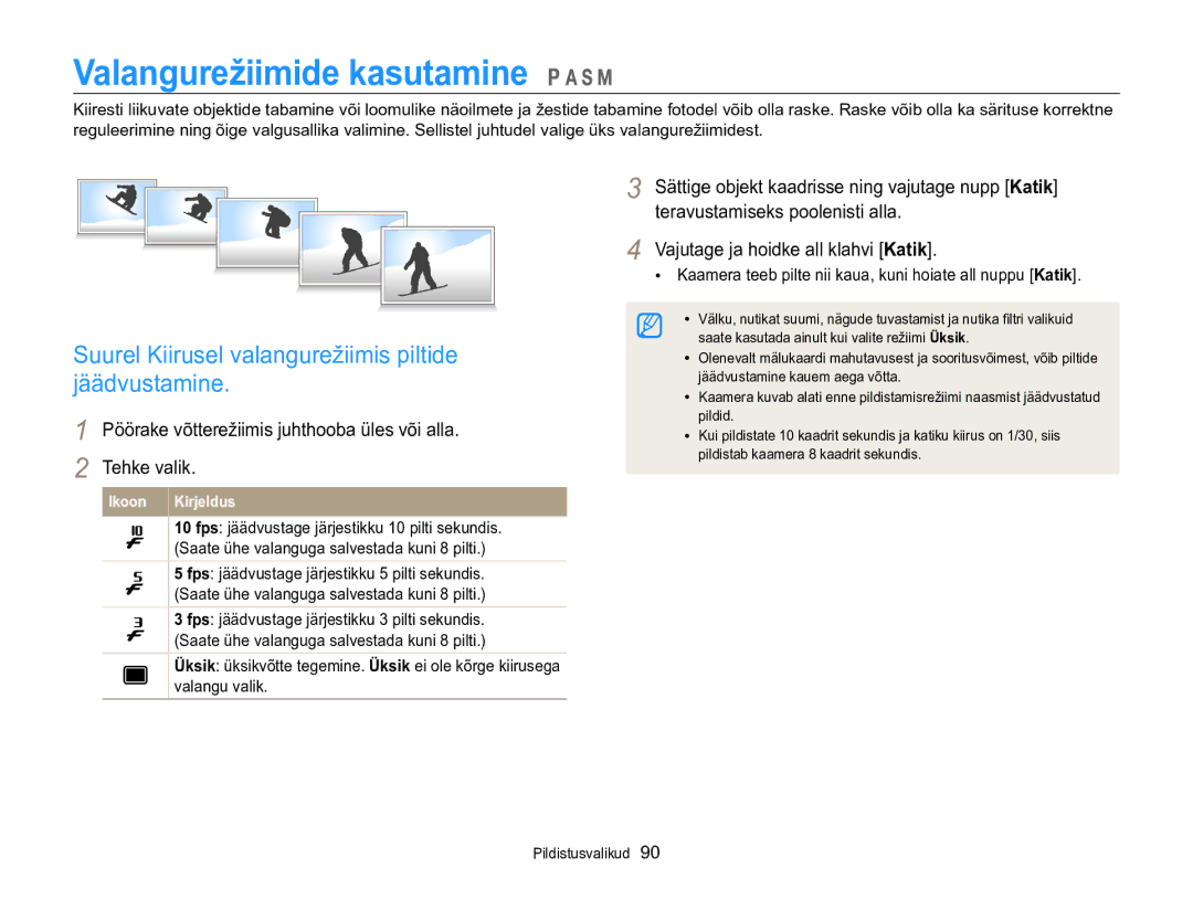 Samsung EC-WB850FBPBE2 manual Valangurežiimide kasutamine, Suurel Kiirusel valangurežiimis piltide jäädvustamine 