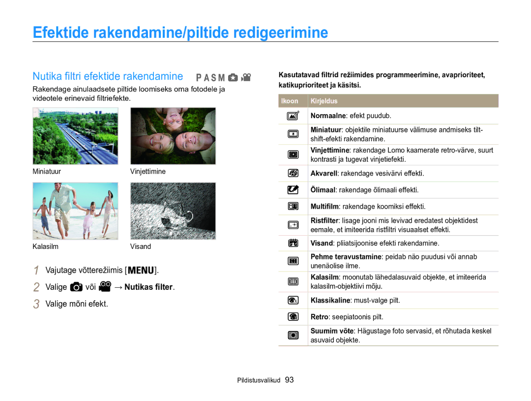 Samsung EC-WB850FBPBE2 manual Efektide rakendamine/piltide redigeerimine, Nutika filtri efektide rakendamine 