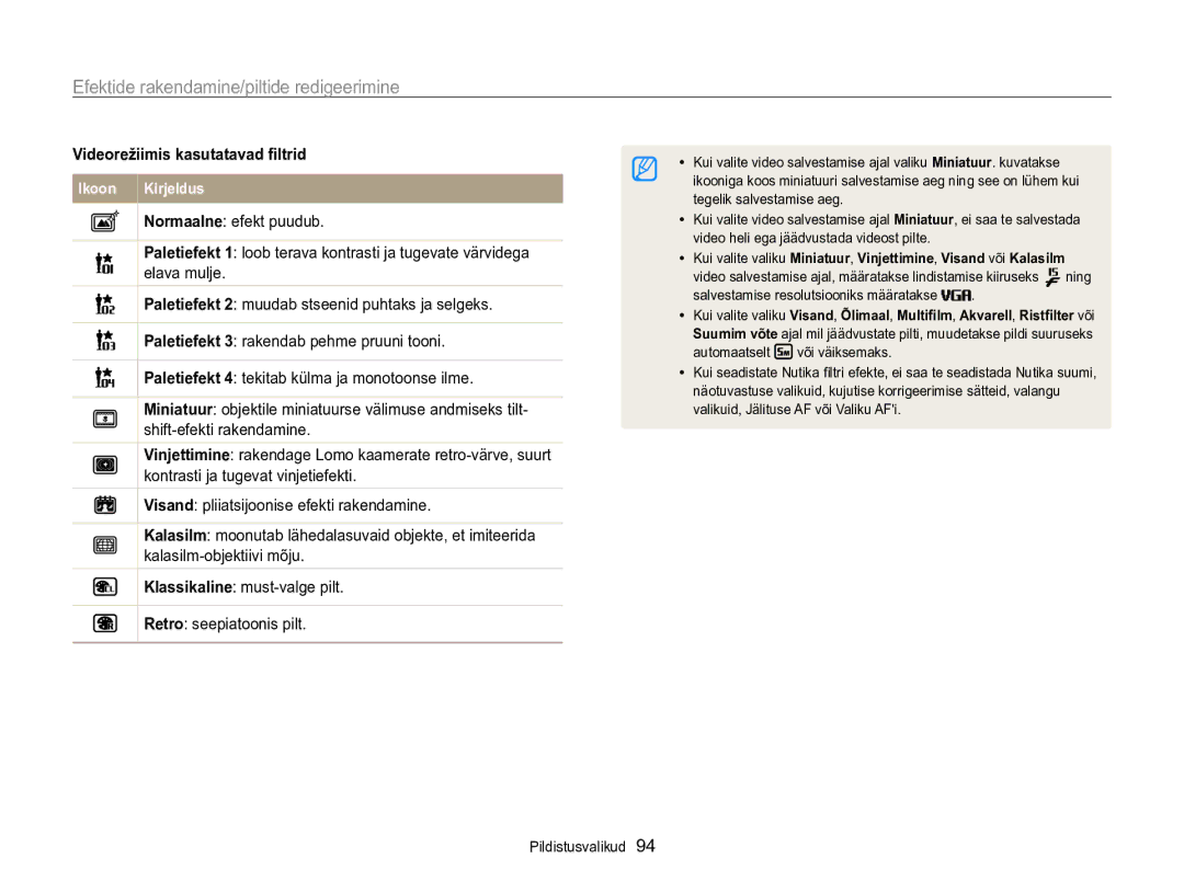 Samsung EC-WB850FBPBE2 manual Efektide rakendamine/piltide redigeerimine, Videorežiimis kasutatavad filtrid 