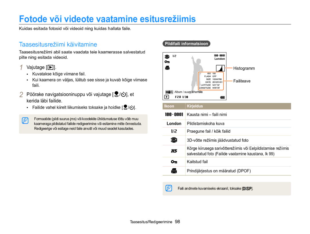 Samsung EC-WB850FBPBE2 manual Fotode või videote vaatamine esitusrežiimis, Taasesitusrežiimi käivitamine, London 