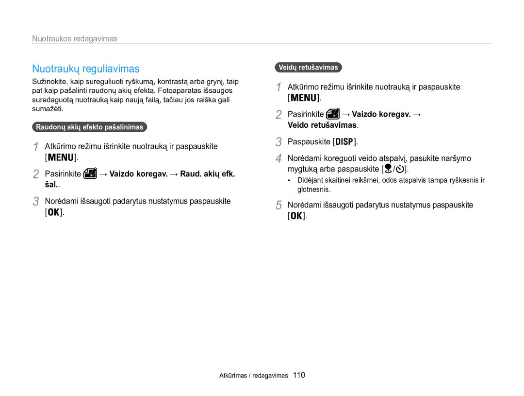 Samsung EC-WB850FBPBE2 manual Šal, Veido retušavimas, Raudonų akių efekto pašalinimas, Veidų retušavimas 