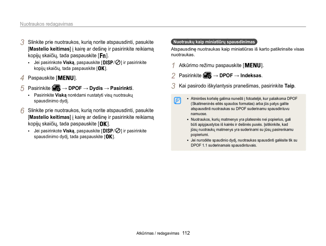 Samsung EC-WB850FBPBE2 Pasirinkite → Dpof → Dydis → Pasirinkti, Nuotraukų kaip miniatiūrų spausdinimas, → Dpof → Indeksas 