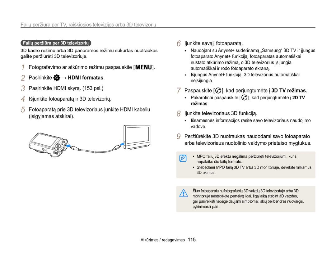 Samsung EC-WB850FBPBE2 manual Paspauskite , kad perjungtumėte į 3D TV režimas, Įjunkite televizoriaus 3D funkciją, Režimas 