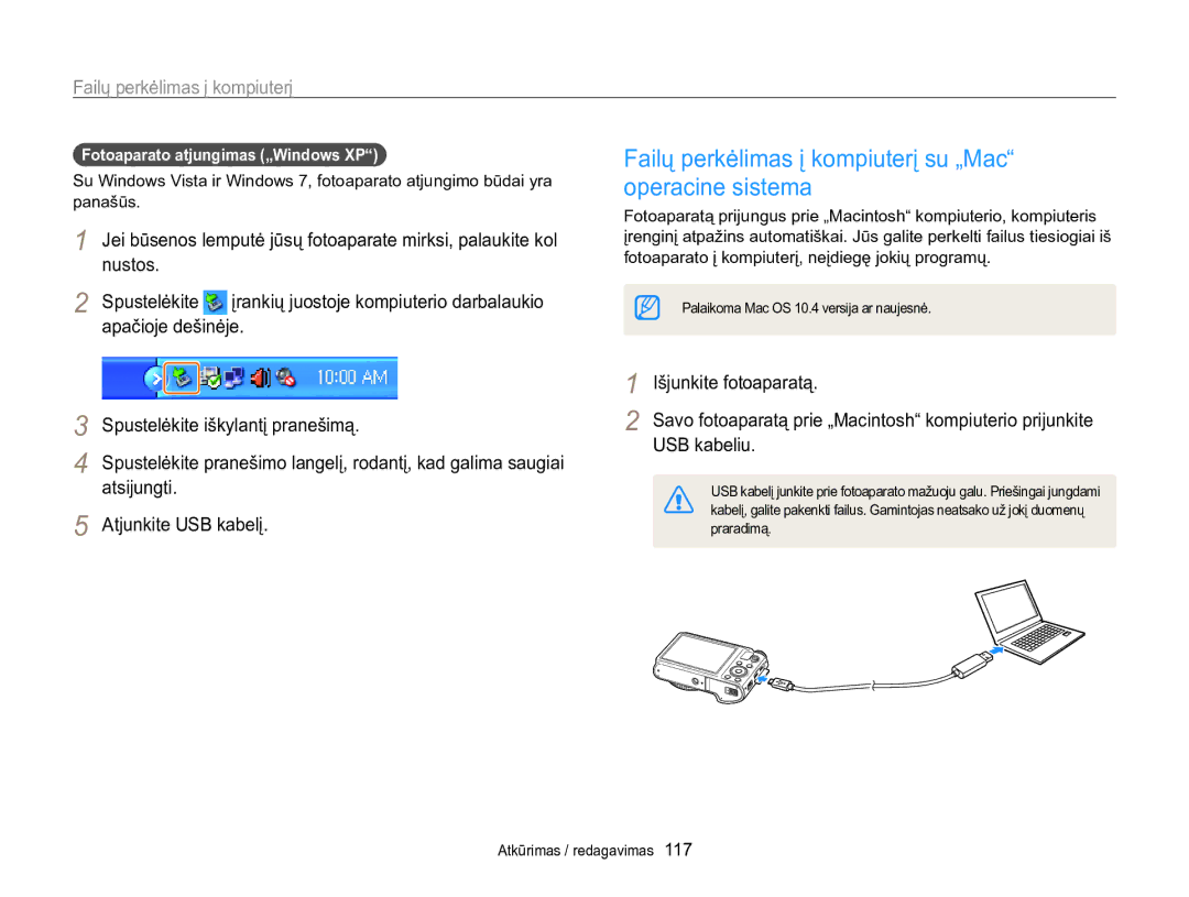 Samsung EC-WB850FBPBE2 manual Failų perkėlimas į kompiuterį su „Mac operacine sistema, Fotoaparato atjungimas „Windows XP 