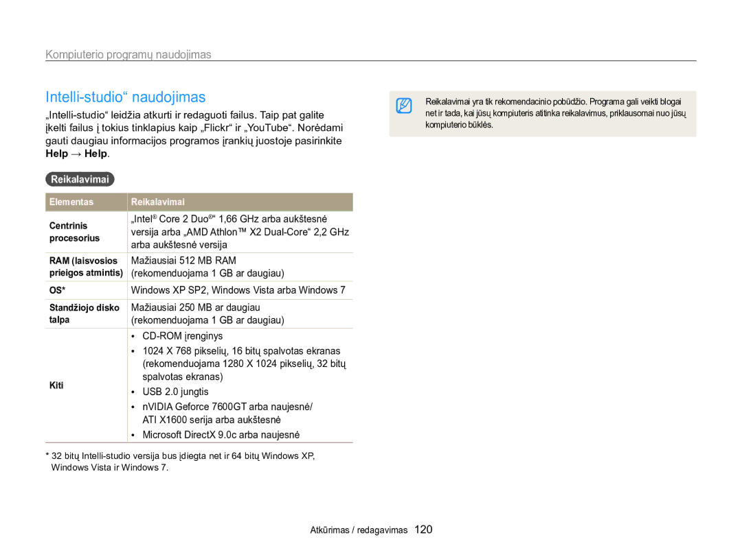 Samsung EC-WB850FBPBE2 manual Intelli-studio naudojimas, Kompiuterio programų naudojimas, Reikalavimai 