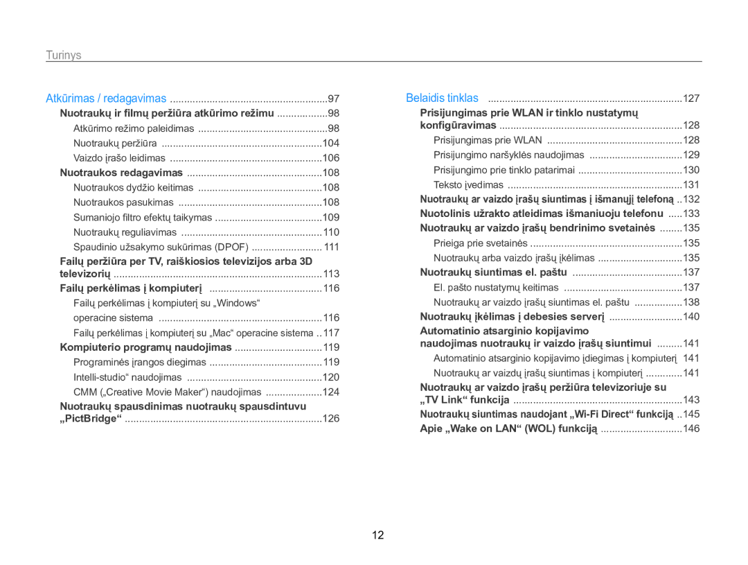 Samsung EC-WB850FBPBE2 manual Turinys﻿, Prisijungimas prie Wlan ir tinklo nustatymų 