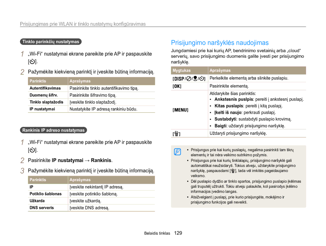 Samsung EC-WB850FBPBE2 manual Prisijungimo naršyklės naudojimas, Prisijungimas prie Wlan ir tinklo nustatymų konfigūravimas 