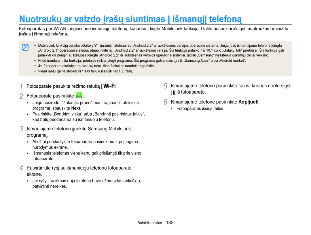 Samsung EC-WB850FBPBE2 manual Nuotraukų ar vaizdo įrašų siuntimas į išmanųjį telefoną, Fotoaparatas išsiųs failus 