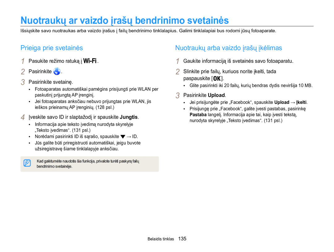 Samsung EC-WB850FBPBE2 manual Nuotraukų ar vaizdo įrašų bendrinimo svetainės, Prieiga prie svetainės 