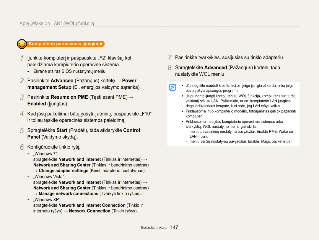 Samsung EC-WB850FBPBE2 manual Apie „Wake on LAN WOL funkciją, Kompiuterio paruošimas įjungimui 