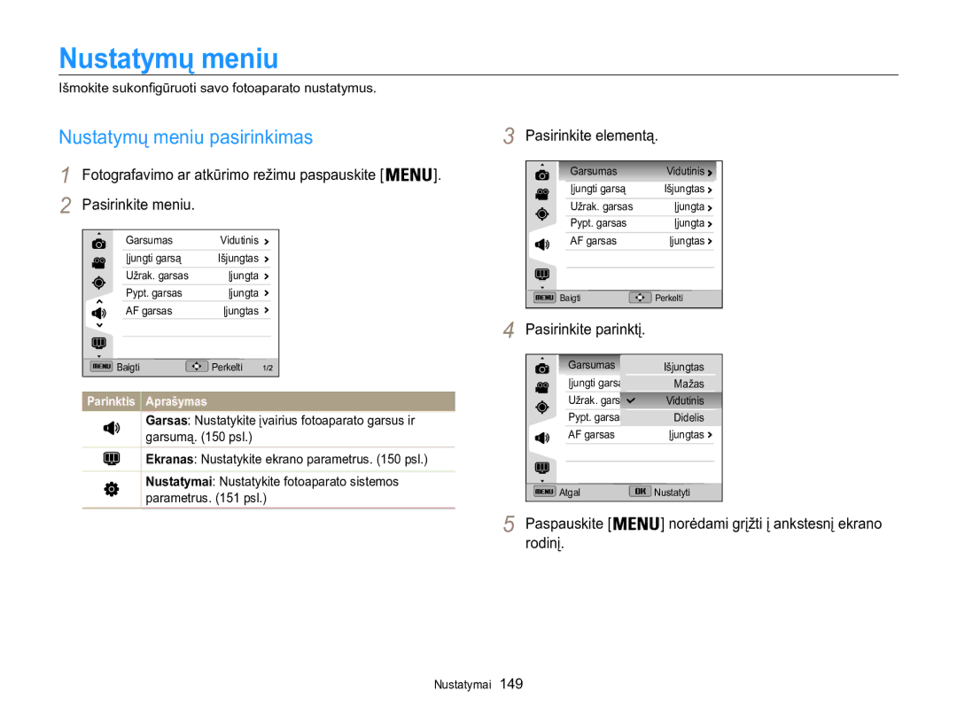 Samsung EC-WB850FBPBE2 manual Nustatymų meniu pasirinkimas, Pasirinkite elementą 