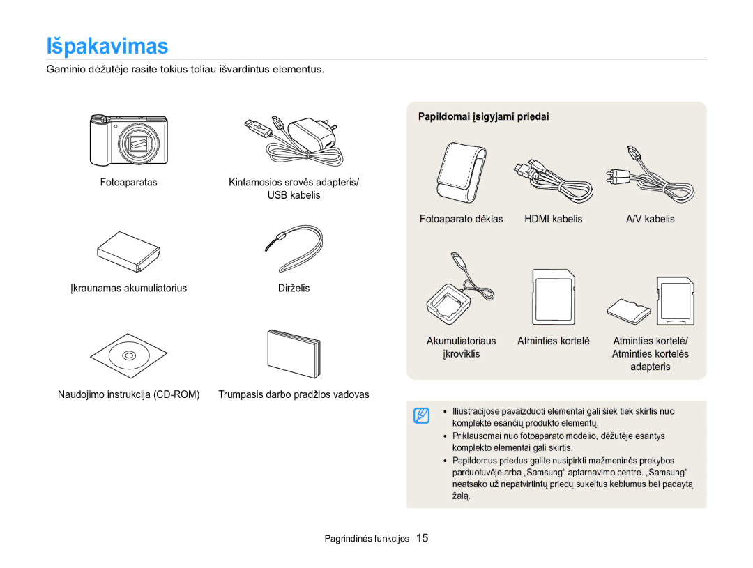 Samsung EC-WB850FBPBE2 manual Išpakavimas, Papildomai įsigyjami priedai 