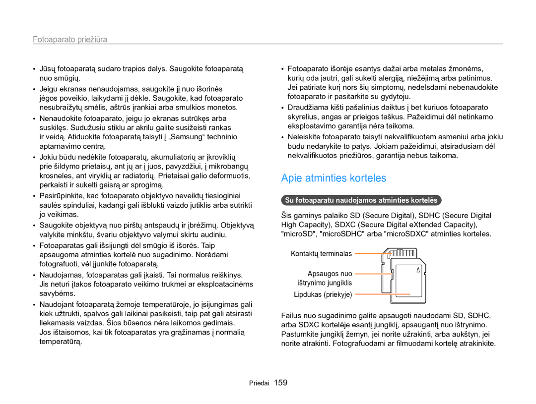 Samsung EC-WB850FBPBE2 manual Apie atminties korteles, Su fotoaparatu naudojamos atminties kortelės, Kontaktų terminalas 