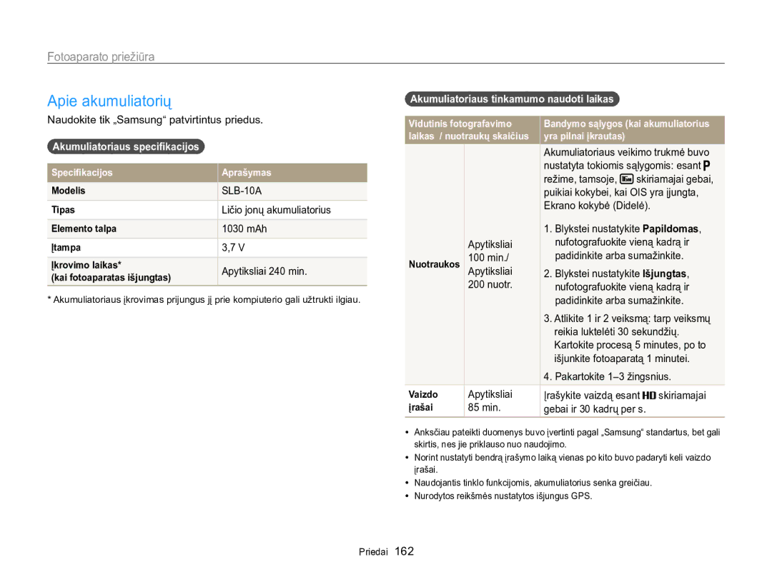 Samsung EC-WB850FBPBE2 manual Apie akumuliatorių, Akumuliatoriaus specifikacijos, Akumuliatoriaus tinkamumo naudoti laikas 