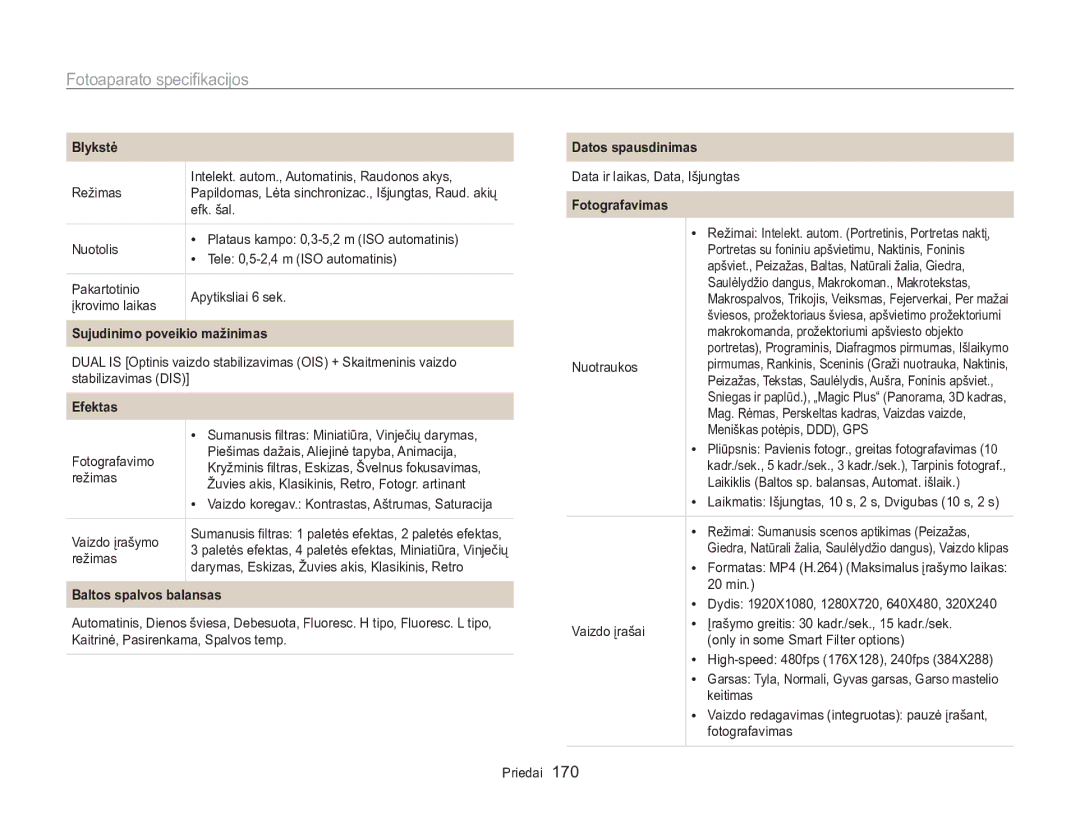 Samsung EC-WB850FBPBE2 manual Fotoaparato specifikacijos, 170 