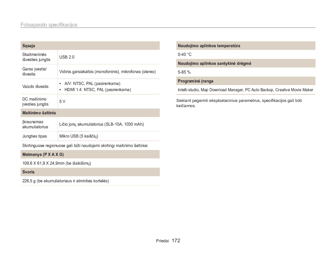 Samsung EC-WB850FBPBE2 manual Sąsaja, Maitinimo šaltinis, Matmenys P X a X G, Svoris, Naudojimo aplinkos temperatūra 