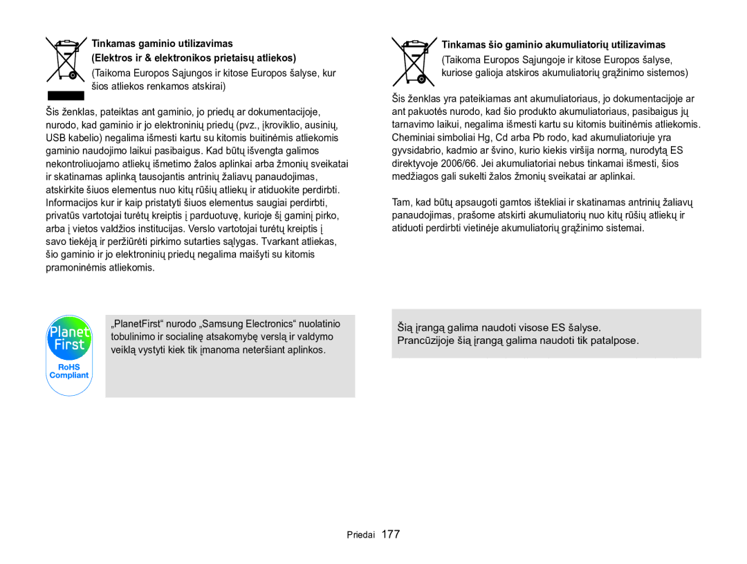 Samsung EC-WB850FBPBE2 manual Tinkamas šio gaminio akumuliatorių utilizavimas 