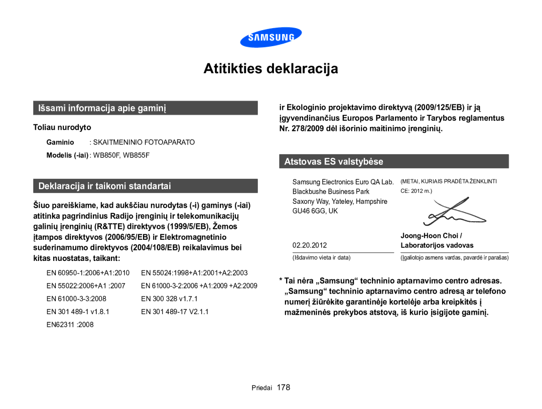 Samsung EC-WB850FBPBE2 manual Toliau nurodyto, Joong-Hoon Choi, Laboratorijos vadovas 