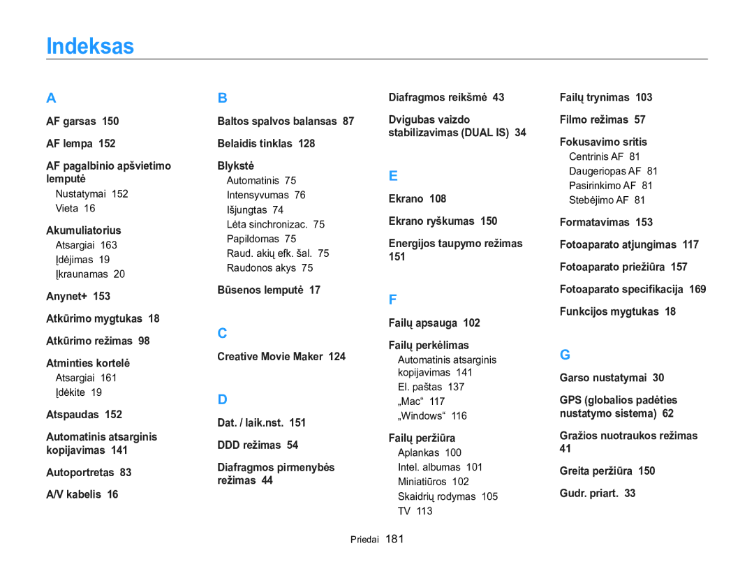 Samsung EC-WB850FBPBE2 manual Indeksas 