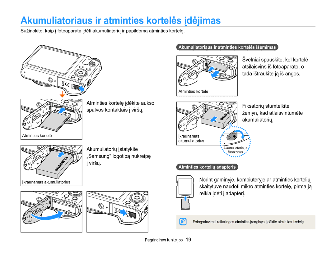 Samsung EC-WB850FBPBE2 manual Akumuliatoriaus ir atminties kortelės įdėjimas 