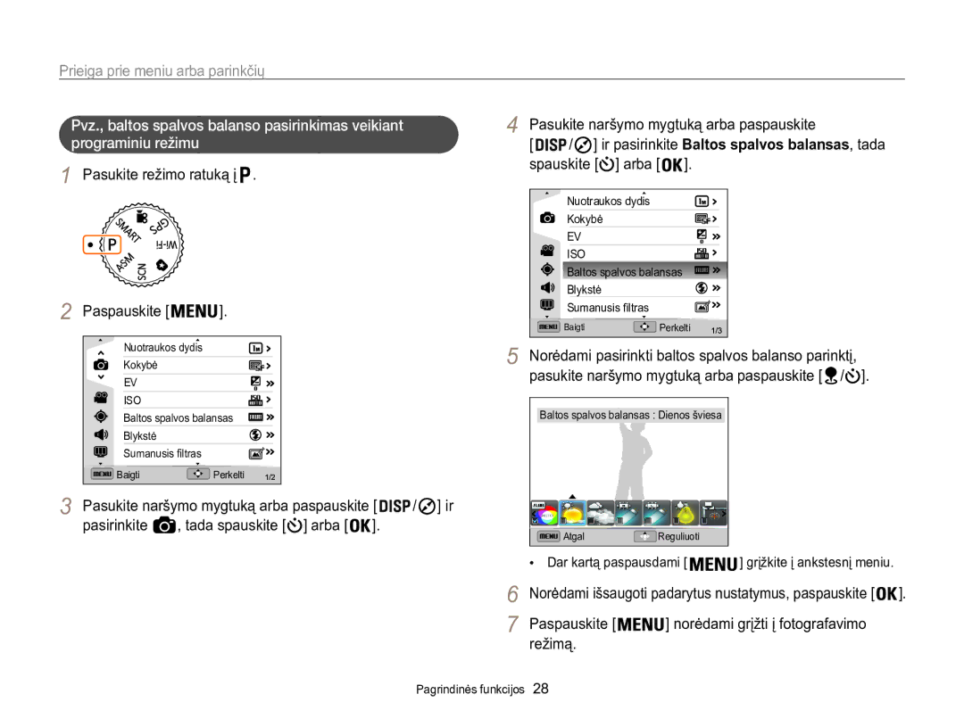 Samsung EC-WB850FBPBE2 Prieiga prie meniu arba parinkčių, Ir pasirinkite Baltos spalvos balansas, tada spauskite arba 