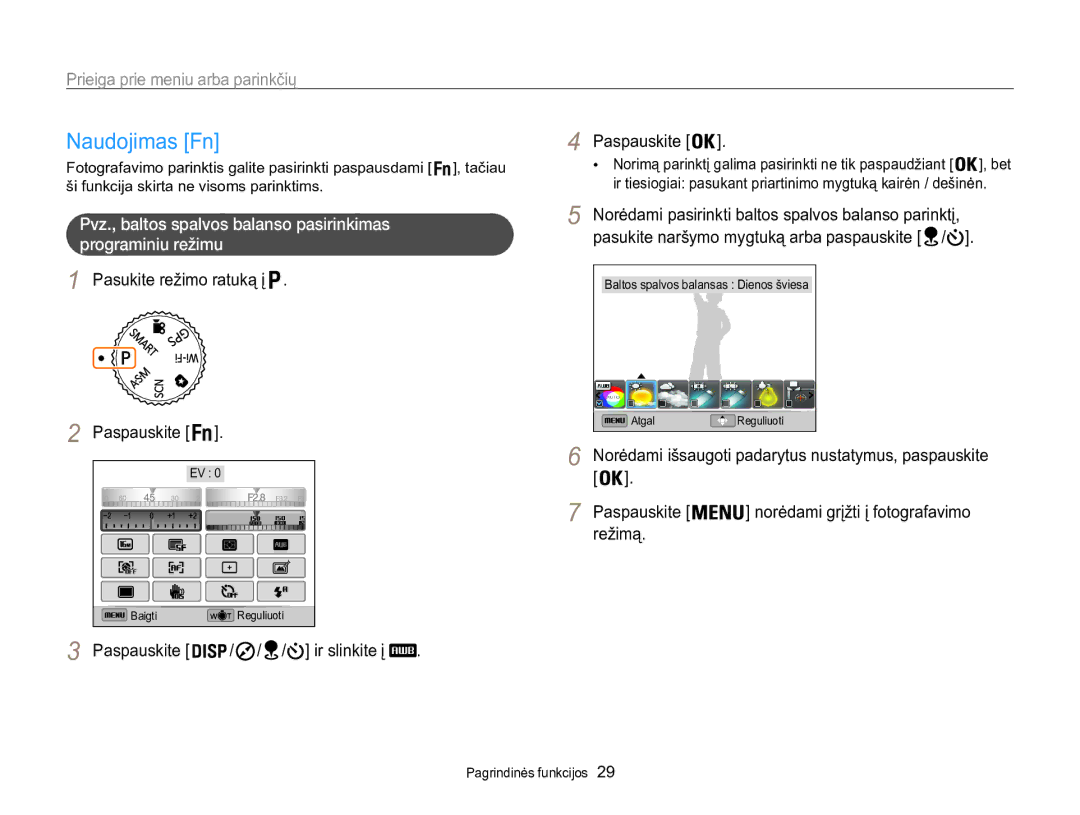 Samsung EC-WB850FBPBE2 manual Naudojimas Fn, Pasukite režimo ratuką į, Paspauskite Ir slinkite į 