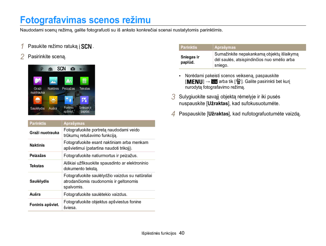 Samsung EC-WB850FBPBE2 manual Fotografavimas scenos režimu, Pasukite režimo ratuką į Pasirinkite sceną, Sniego 