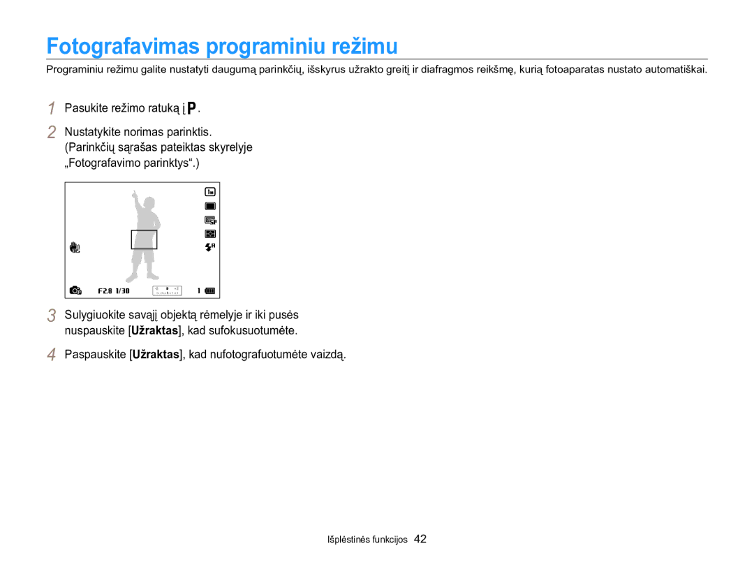 Samsung EC-WB850FBPBE2 manual Fotografavimas programiniu režimu, Pasukite režimo ratuką į 