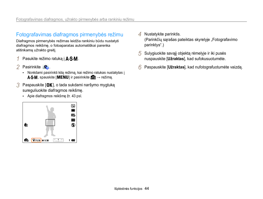 Samsung EC-WB850FBPBE2 manual Fotografavimas diafragmos pirmenybės režimu, Pasukite režimo ratuką į Pasirinkite 