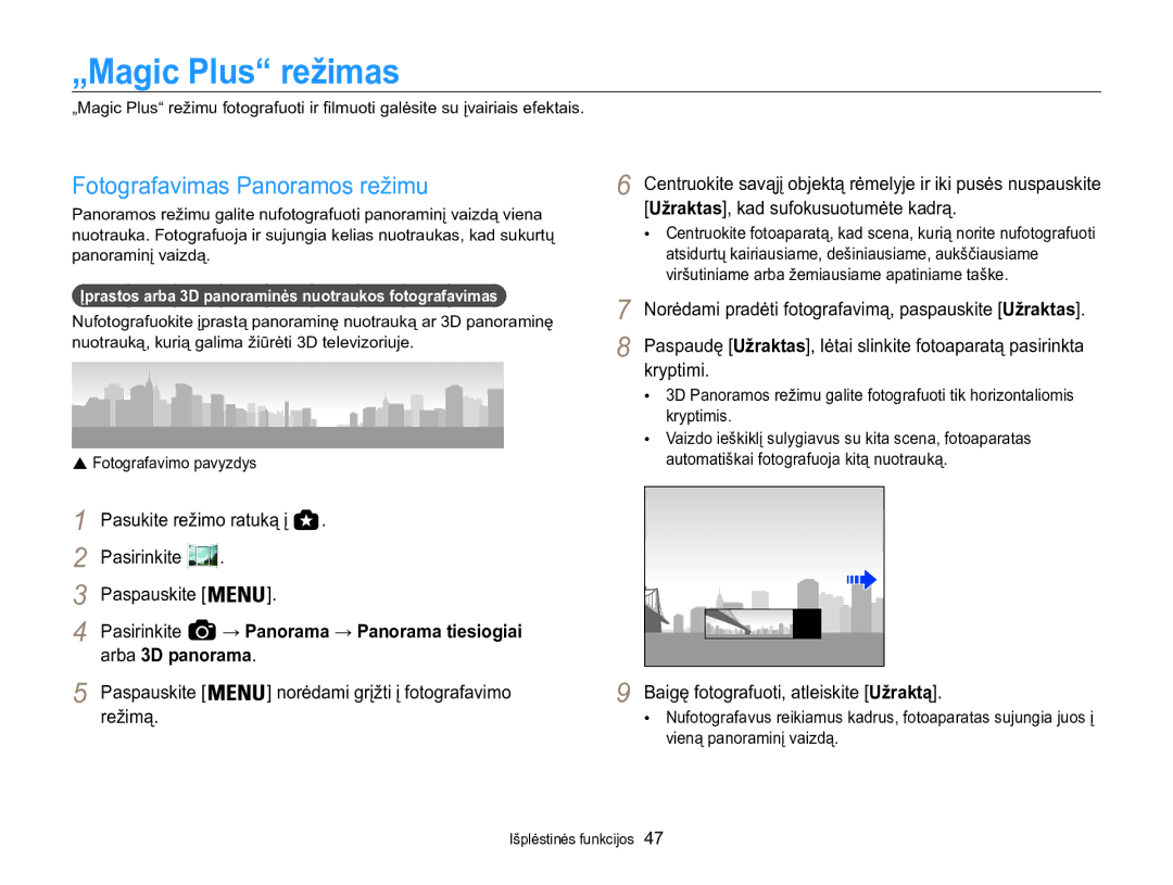 Samsung EC-WB850FBPBE2 manual „Magic Plus režimas, Fotografavimas Panoramos režimu, Arba 3D panorama 