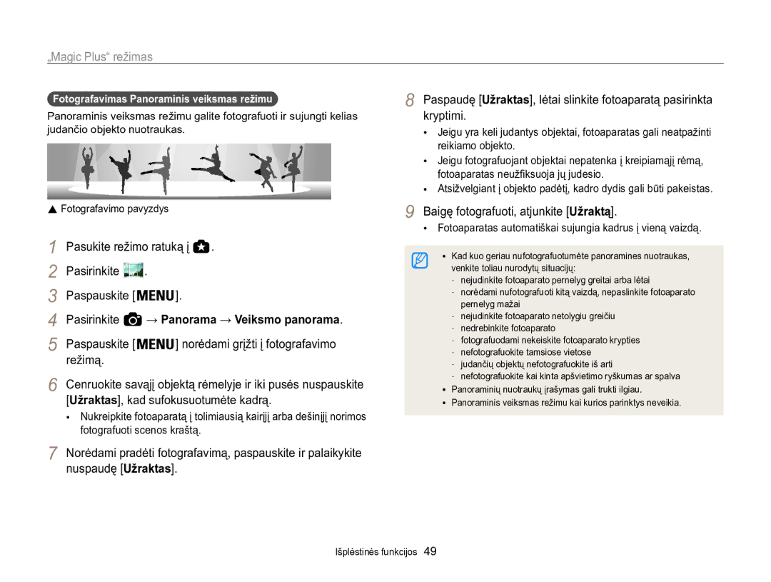 Samsung EC-WB850FBPBE2 manual Baigę fotografuoti, atjunkite Užraktą, Fotografavimas Panoraminis veiksmas režimu 