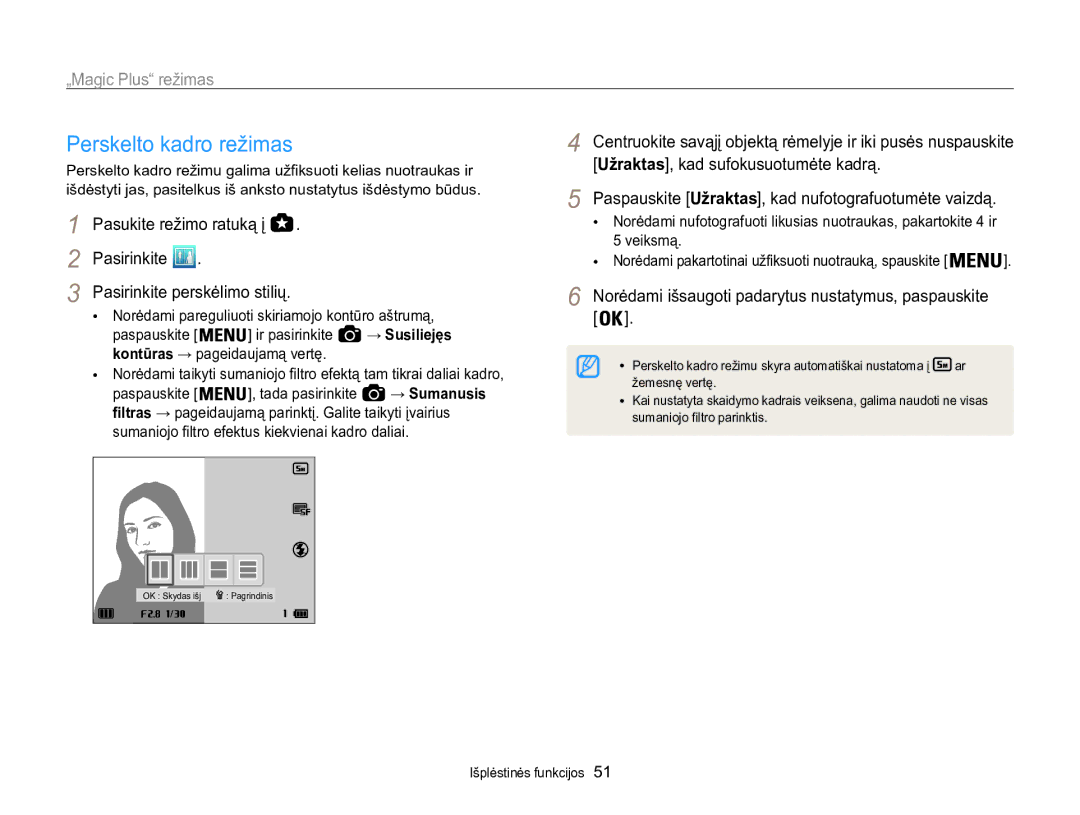 Samsung EC-WB850FBPBE2 manual Perskelto kadro režimas, Norėdami išsaugoti padarytus nustatymus, paspauskite 