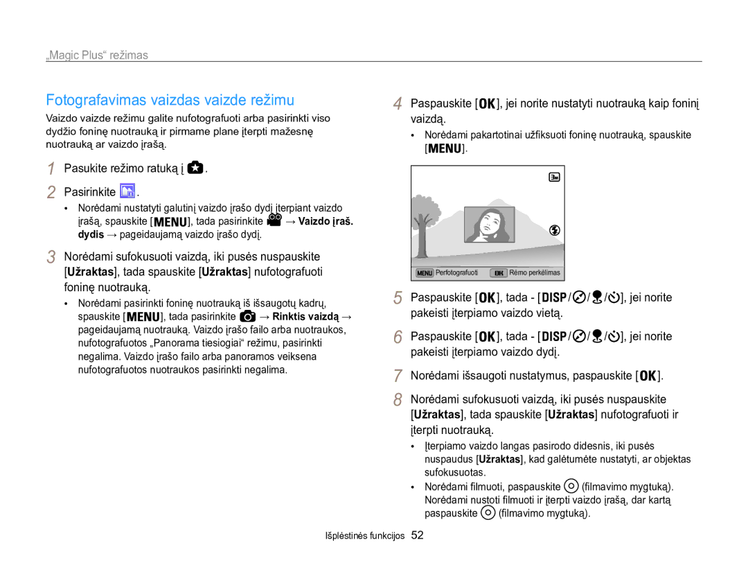 Samsung EC-WB850FBPBE2 manual Fotografavimas vaizdas vaizde režimu, Norėdami pasirinkti foninę nuotrauką iš išsaugotų kadrų 