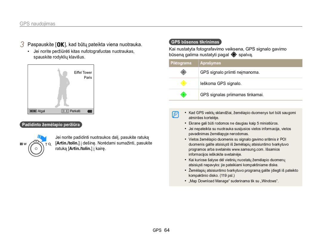 Samsung EC-WB850FBPBE2 manual Paspauskite , kad būtų pateikta viena nuotrauka, GPS būsenos tikrinimas 