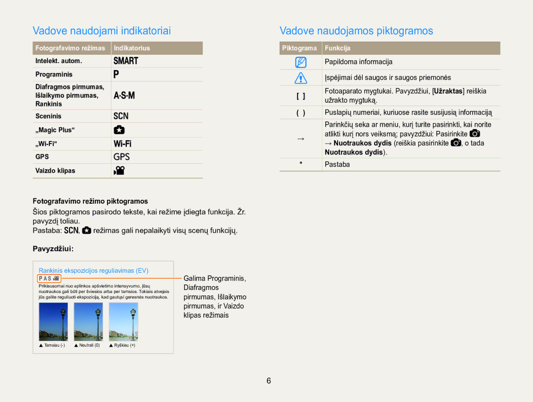 Samsung EC-WB850FBPBE2 Vadove naudojami indikatoriai, Vadove naudojamos piktogramos, Fotografavimo režimo piktogramos 