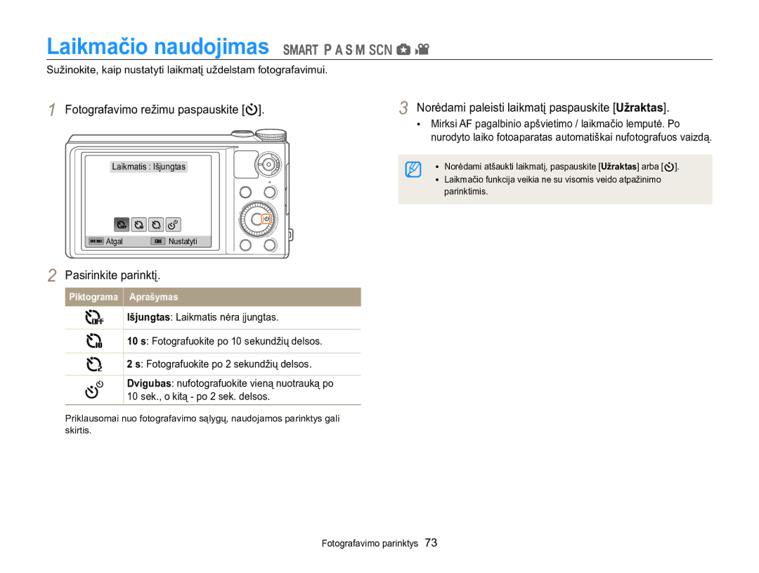 Samsung EC-WB850FBPBE2 manual Laikmačio naudojimas, Fotografavimo režimu paspauskite 