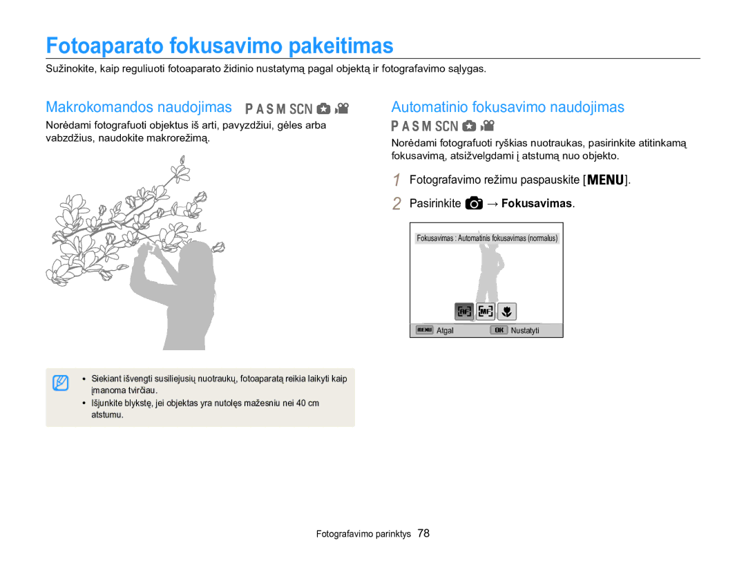 Samsung EC-WB850FBPBE2 Fotoaparato fokusavimo pakeitimas, Makrokomandos naudojimas, Automatinio fokusavimo naudojimas 