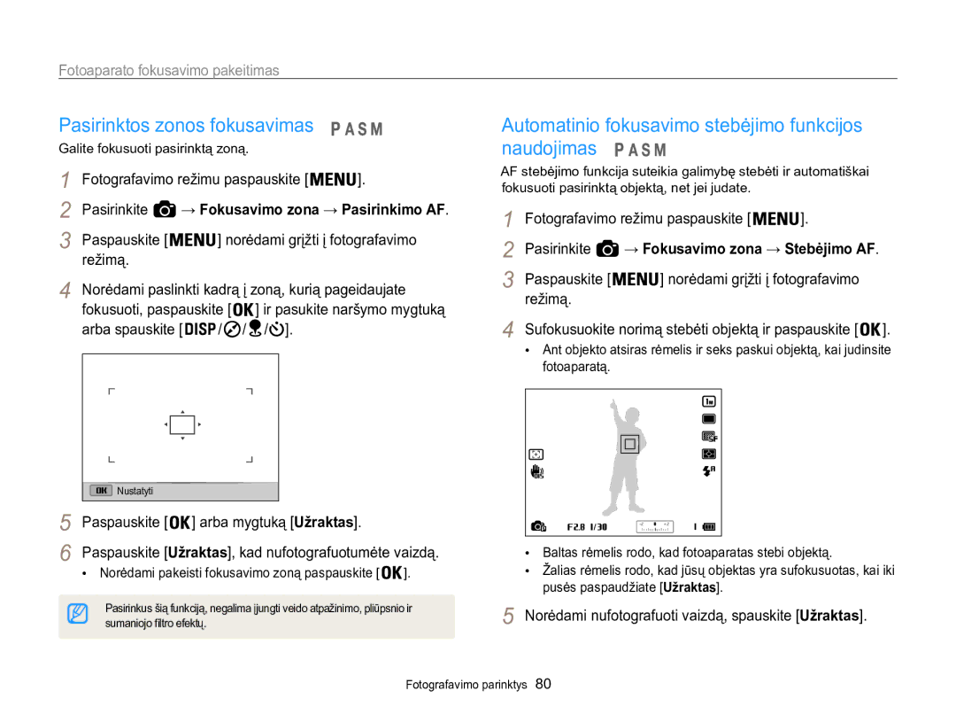 Samsung EC-WB850FBPBE2 manual Pasirinktos zonos fokusavimas, Automatinio fokusavimo stebėjimo funkcijos naudojimas 