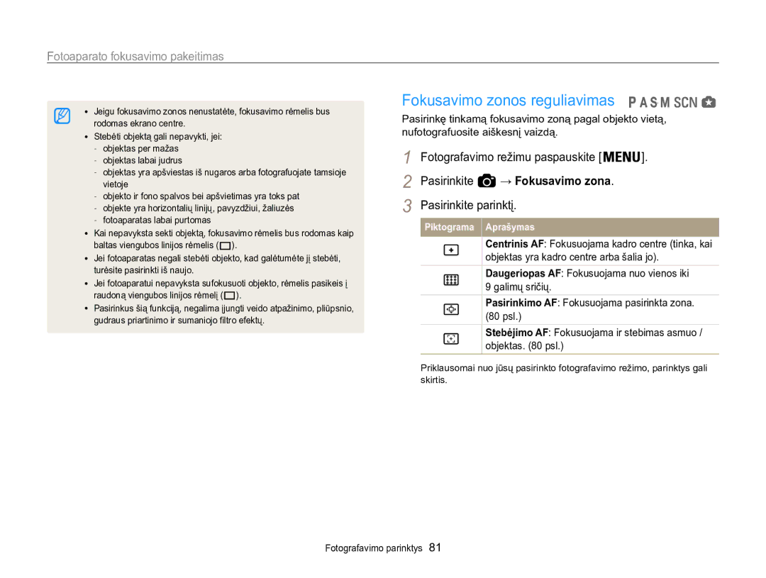 Samsung EC-WB850FBPBE2 manual Fokusavimo zonos reguliavimas, Pasirinkite → Fokusavimo zona 